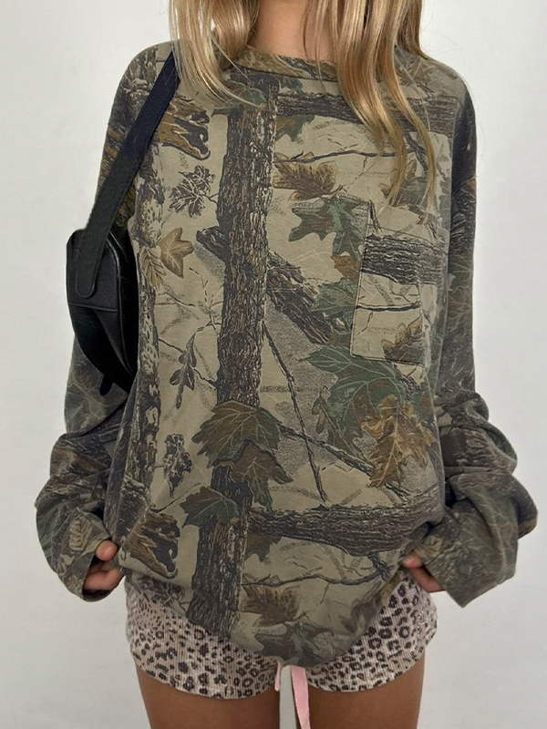 EMMIOL Sudadera con estampado de hojas de camuflaje