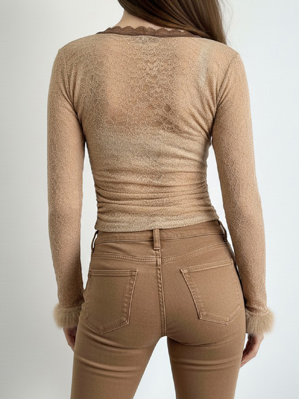 EMMIOL Spitze, kontrastfarben, flauschig, langärmelig