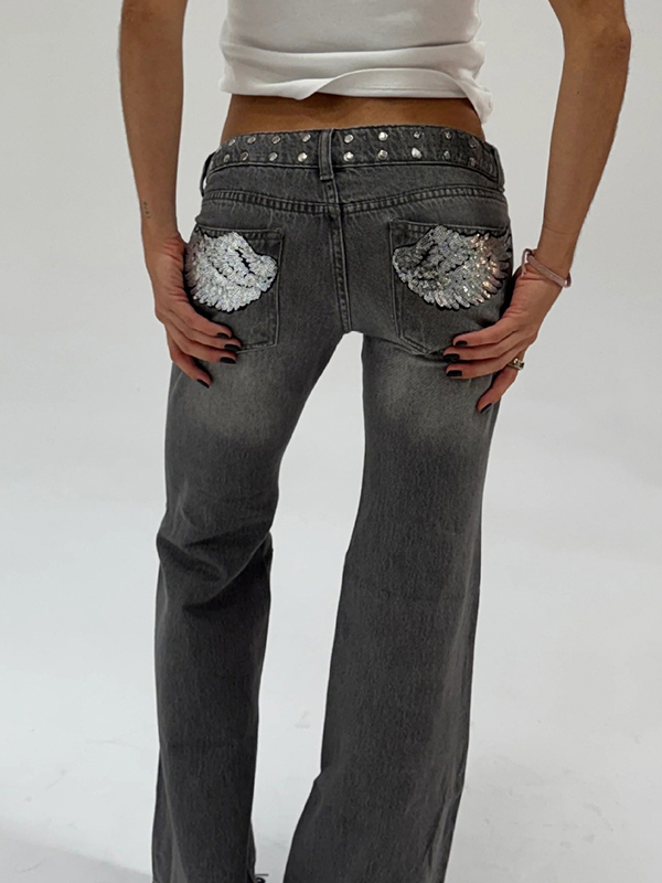 EMMIOL Jeans a zampa con paillettes Butt Wings