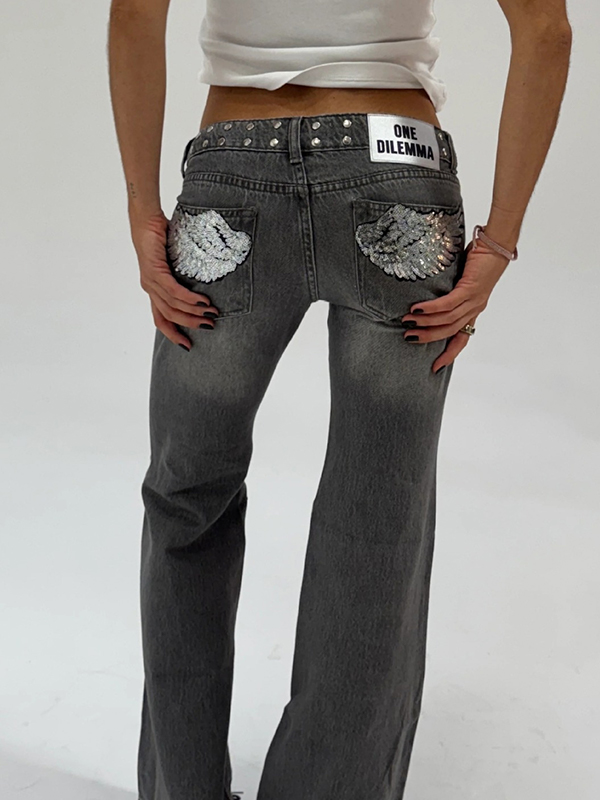 EMMIOL Vaqueros acampanados con lentejuelas y alas en el trasero