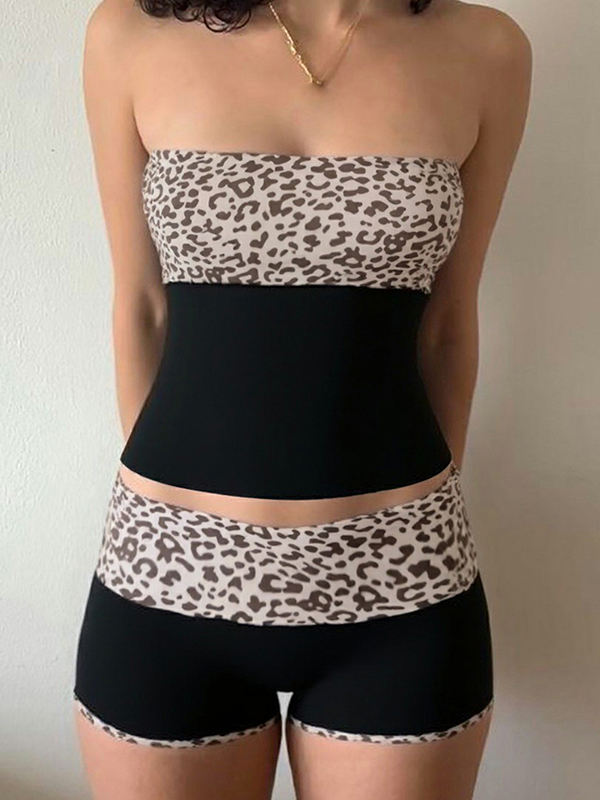 EMMIOL Conjunto de dos piezas de patchwork con estampado de leopardo