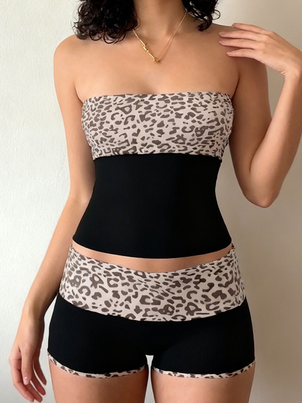 EMMIOL Conjunto de dos piezas de patchwork con estampado de leopardo