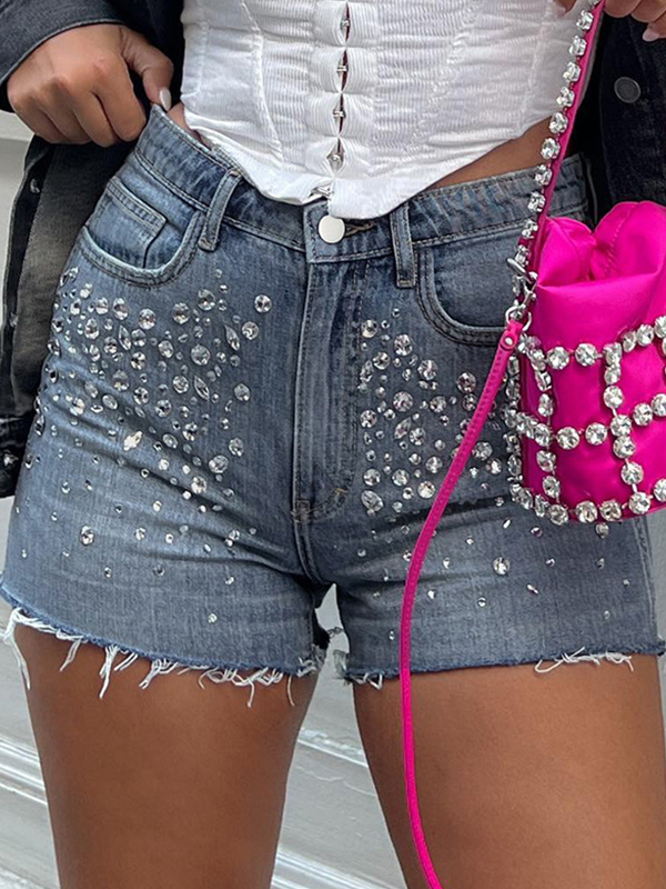 EMMIOL Shorts vaqueros de cintura alta con diamantes de imitación
