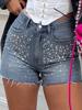 EMMIOL Shorts vaqueros de cintura alta con diamantes de imitación