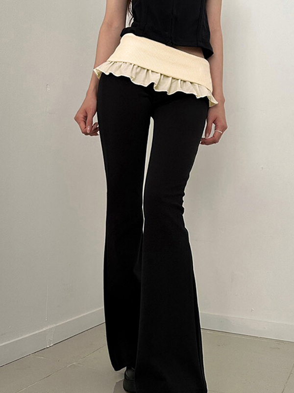 EMMIOL Color-Blocked Waist Ruffle Flare Jeans