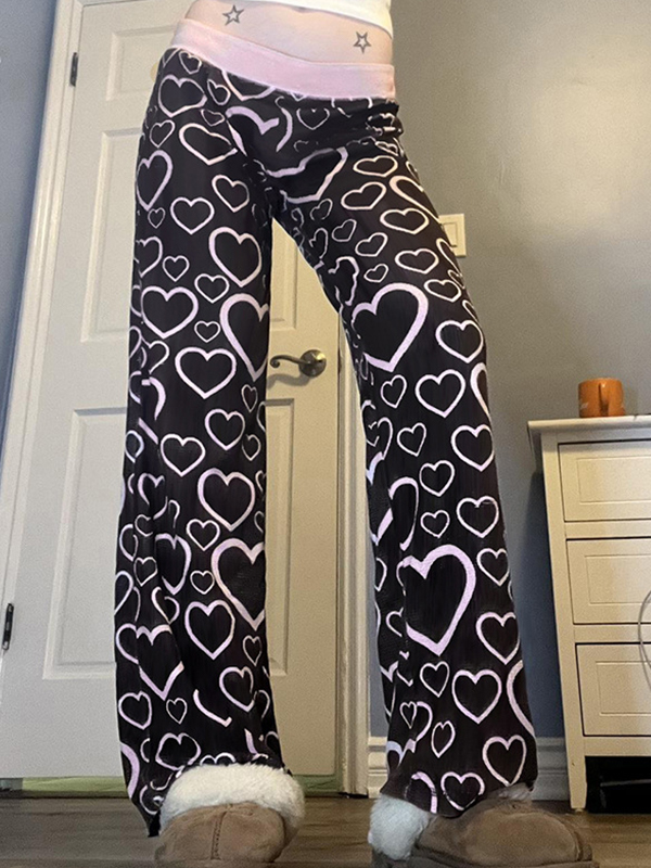EMMIOL Heart Print Waistband Color Contrast Straight Leg Pants