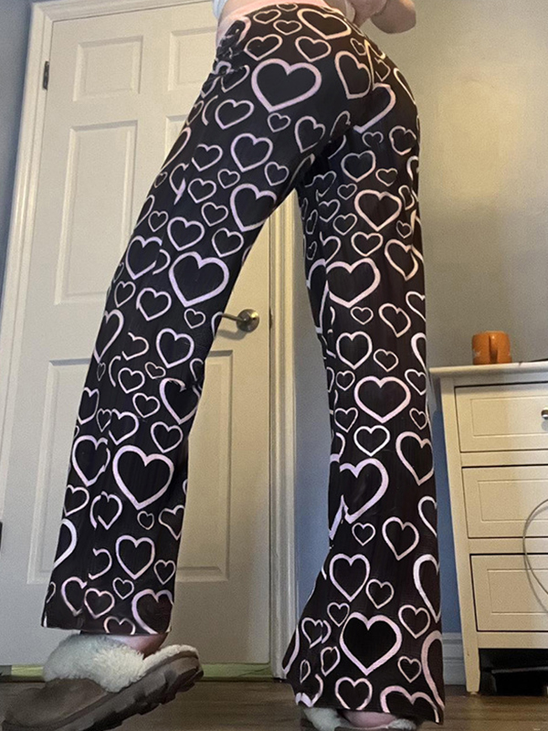 EMMIOL Heart Print Waistband Color Contrast Straight Leg Pants