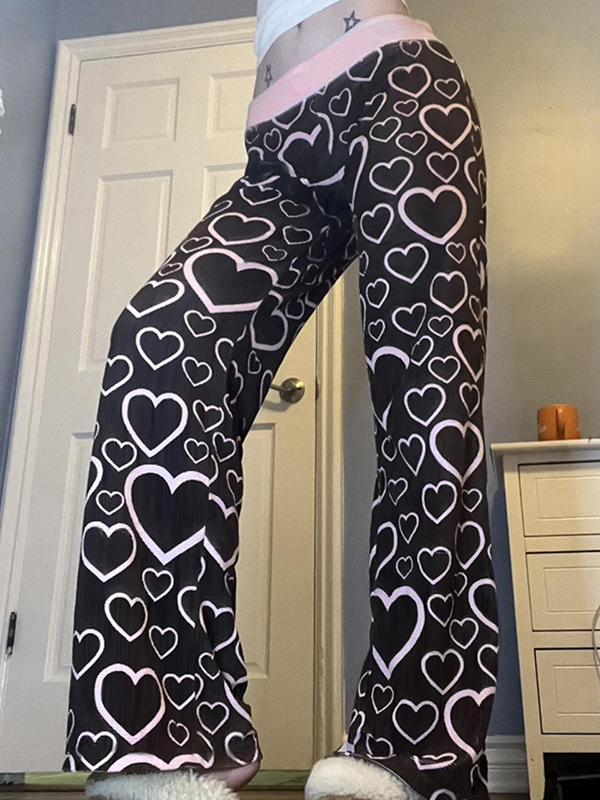EMMIOL Heart Print Waistband Color Contrast Straight Leg Pants