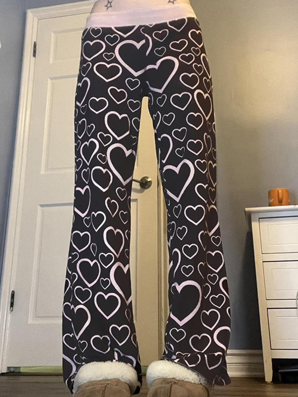 EMMIOL Heart Print Waistband Color Contrast Straight Leg Pants