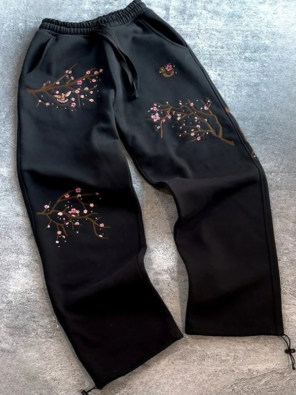 EMMIOL Vintage Sakura Embroidery Straight Leg Pants