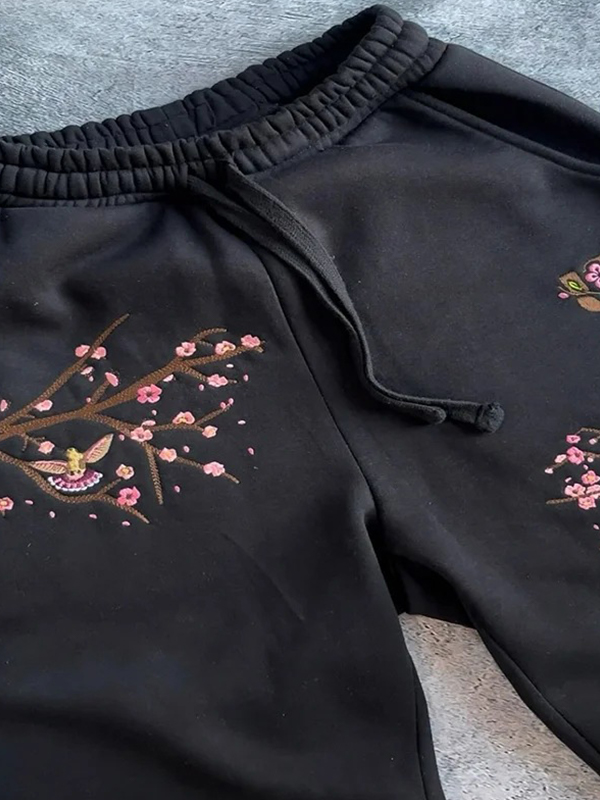 EMMIOL Vintage Sakura Embroidery Straight Leg Pants