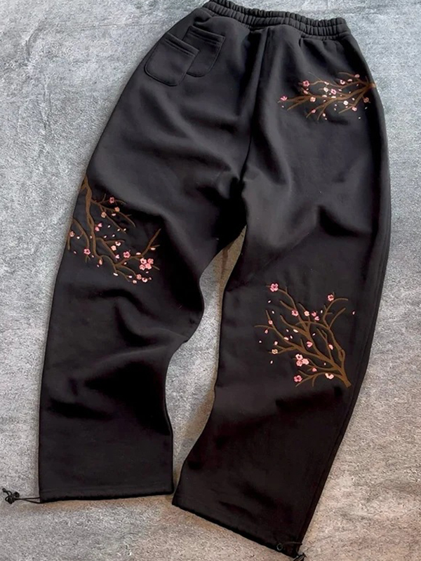EMMIOL Vintage Sakura Embroidery Straight Leg Pants