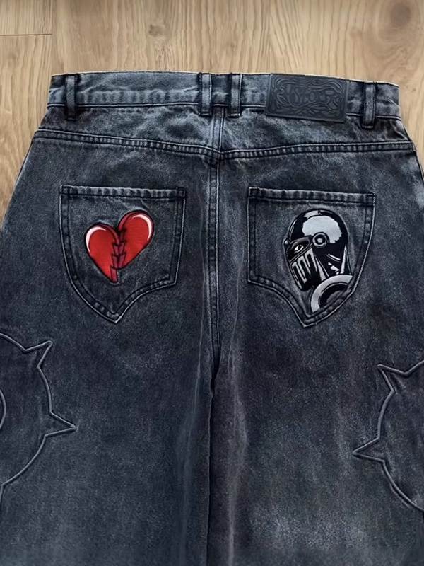 EMMIOL Cartoon Embroidery Boyfriend Jeans