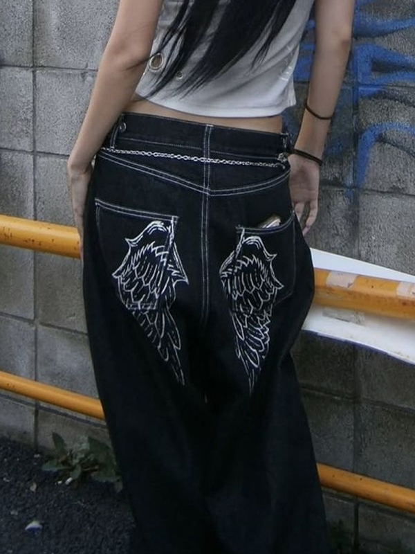 EMMIOL Vaqueros boyfriend con estampado de alas de ángel