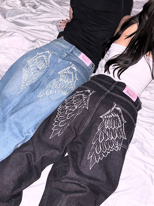EMMIOL Angel Wing Print Boyfriend Jeans