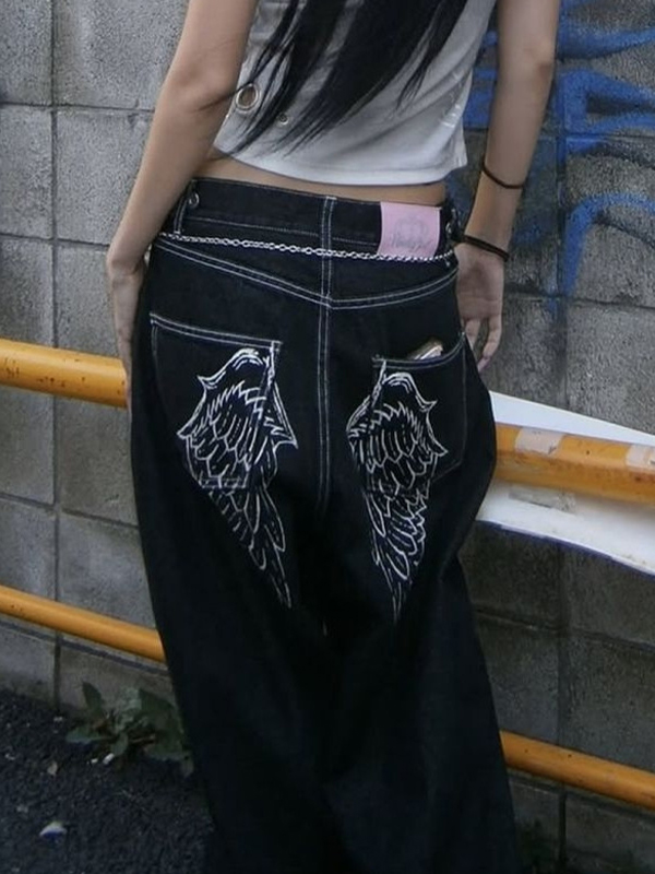 EMMIOL Angel Wing Print Boyfriend Jeans