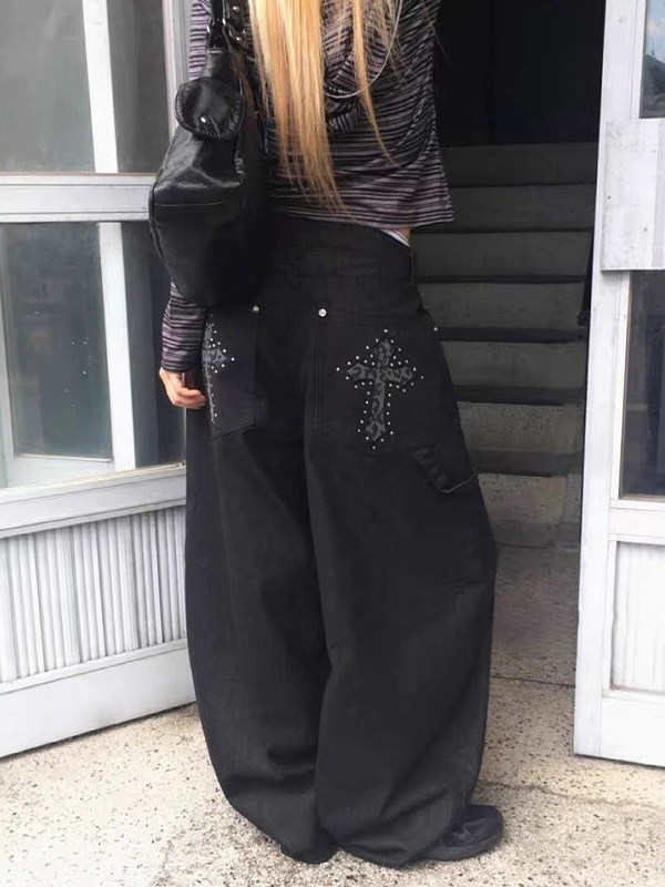 EMMIOL Vintage Leopard Print Cross Boyfriend Jeans