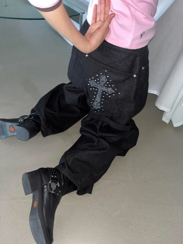 EMMIOL Vintage Leopard Print Cross Boyfriend Jeans