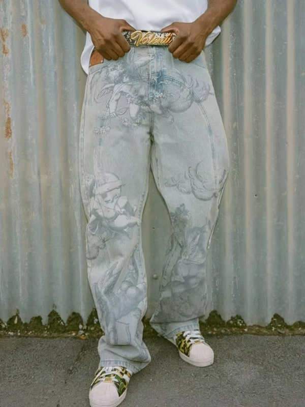 EMMIOL Vintage Angel Print Boyfriend Jeans
