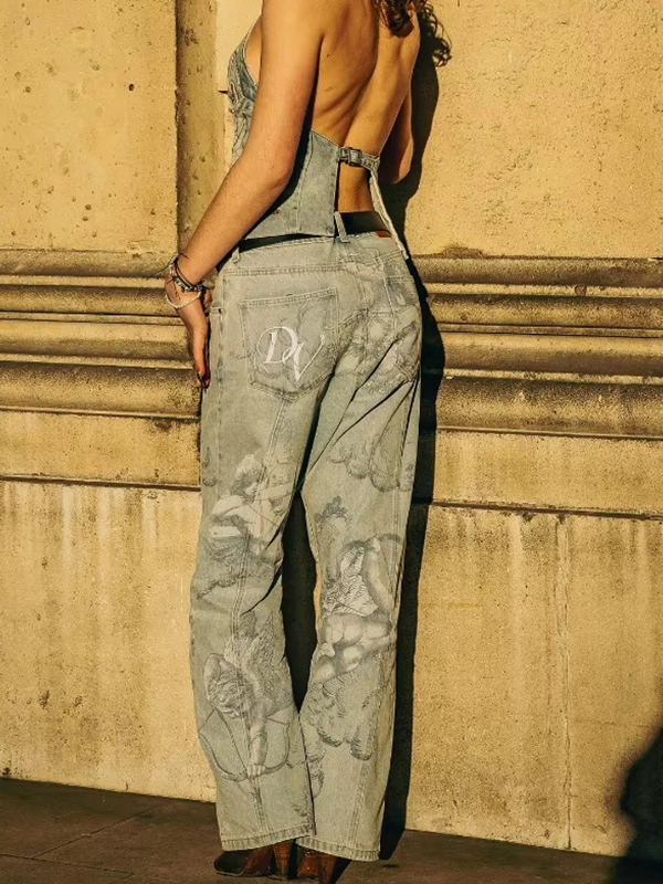 EMMIOL Vintage Angel Print Boyfriend Jeans