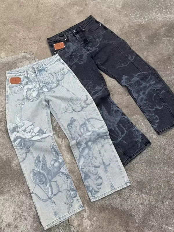 EMMIOL Vintage Angel Print Boyfriend Jeans