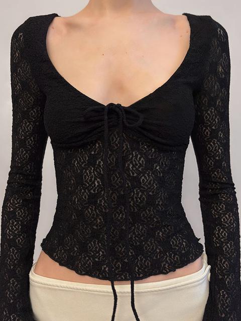 Lace Panel Ruffles Long Sleeve