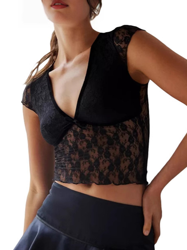 EMMIOL Camiseta sin mangas de encaje con cuello en V