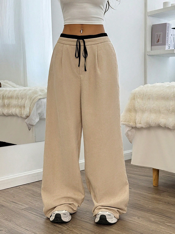 EMMIOL Drawstring Loose-Fit Color-Blocked Straight Leg Pants