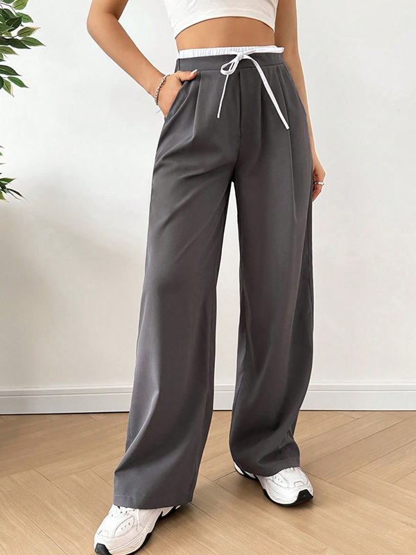 EMMIOL Drawstring Loose-Fit Color-Blocked Straight Leg Pants