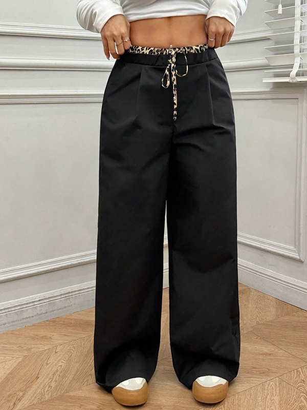 EMMIOL Drawstring Loose-Fit Color-Blocked Straight Leg Pants