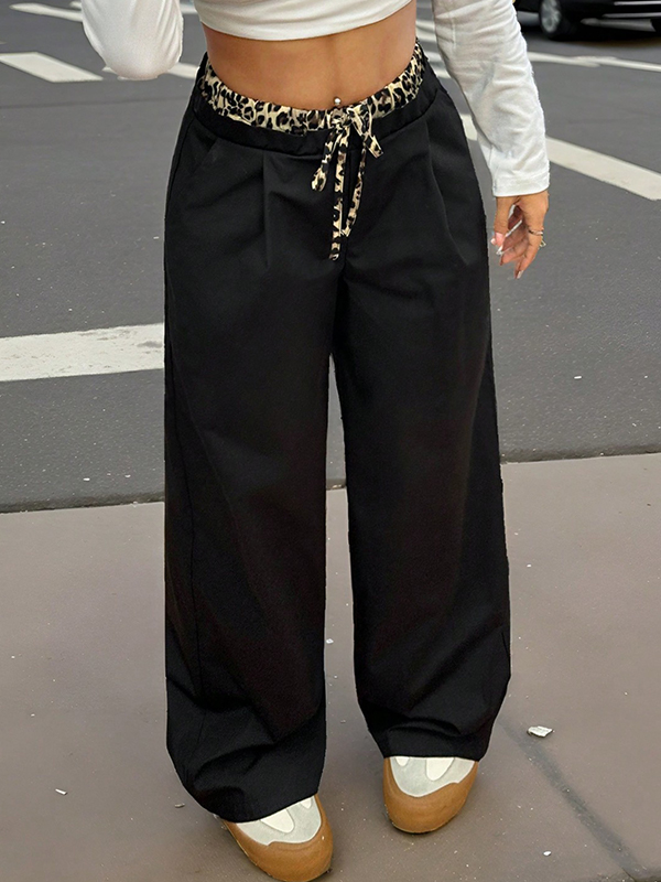 EMMIOL Drawstring Loose-Fit Color-Blocked Straight Leg Pants