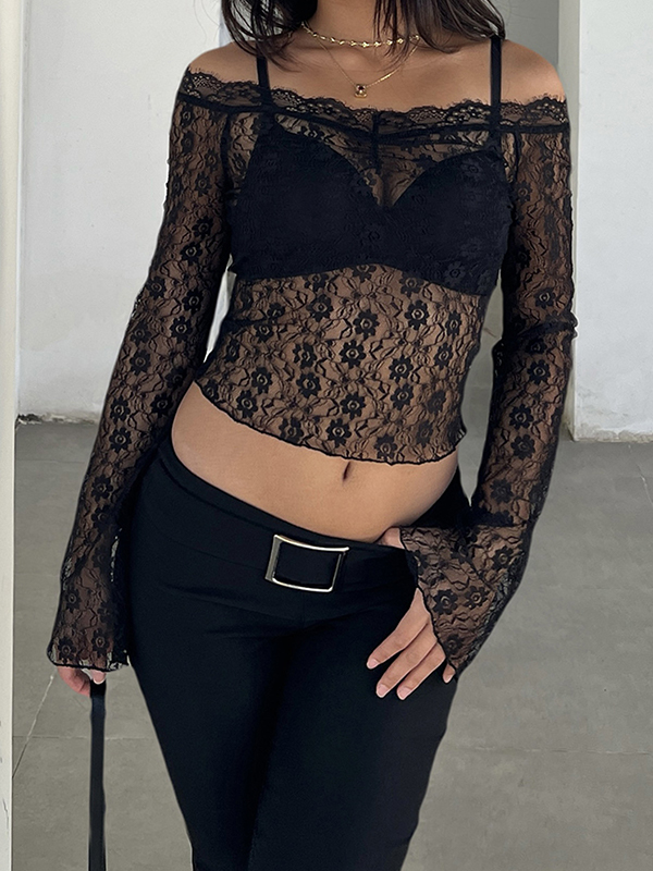 EMMIOL Encaje transparente de manga larga