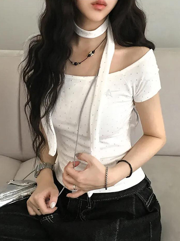 EMMIOL Silver-Embossed Polka-Dot Short Sleeves