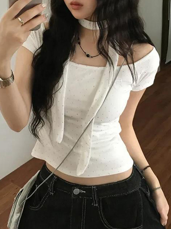 EMMIOL Silver-Embossed Polka-Dot Short Sleeves