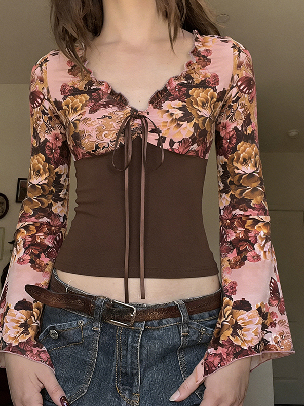 EMMIOL Camisa francesa vintage floral de manga larga