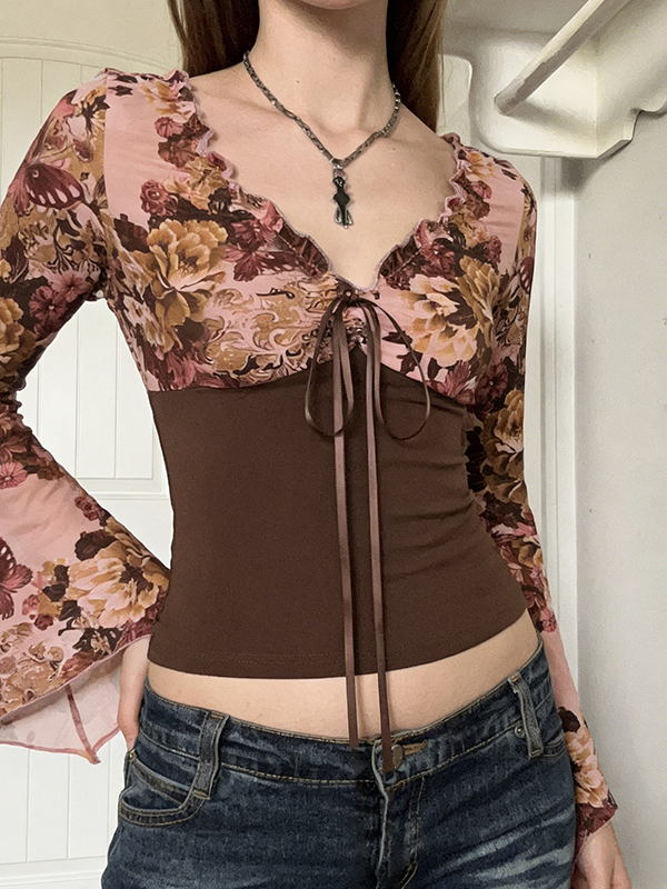 EMMIOL Camisa francesa vintage floral de manga larga