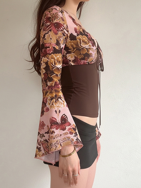 EMMIOL Camisa francesa vintage floral de manga larga