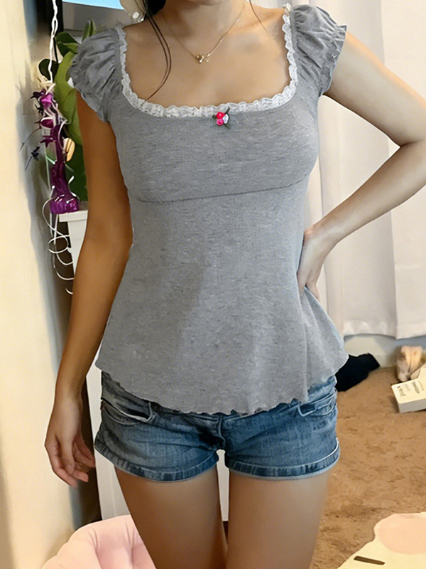 EMMIOL Jersey de punto gris con cuello cuadrado y manga corta