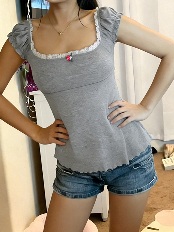 EMMIOL Jersey de punto gris con cuello cuadrado y manga corta