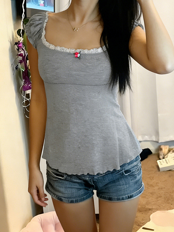 EMMIOL Jersey de punto gris con cuello cuadrado y manga corta