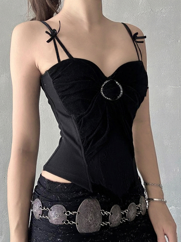 EMMIOL Top de tirantes de encaje de terciopelo negro