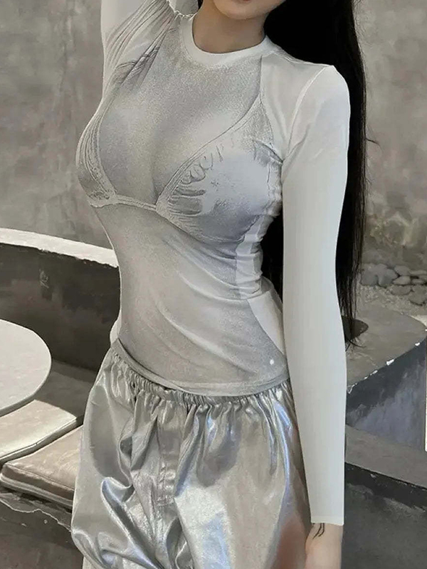 EMMIOL Camiseta de manga larga con estampado estético del cuerpo humano