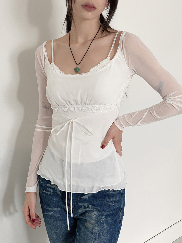 EMMIOL Manga larga de encaje de malla de color sólido