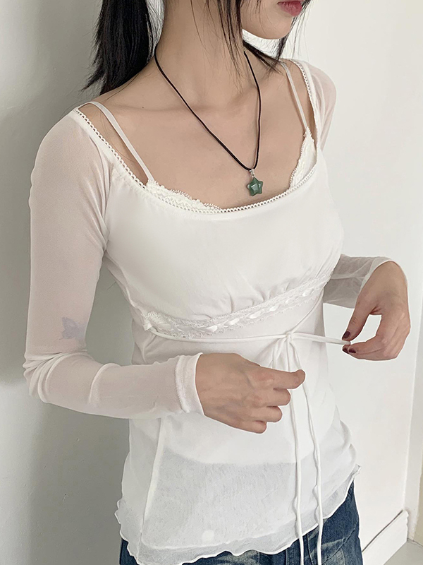 EMMIOL Manga larga de encaje de malla de color sólido