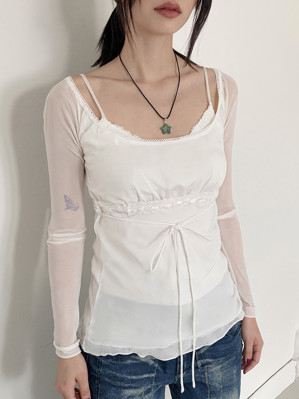 EMMIOL Manga larga de encaje de malla de color sólido