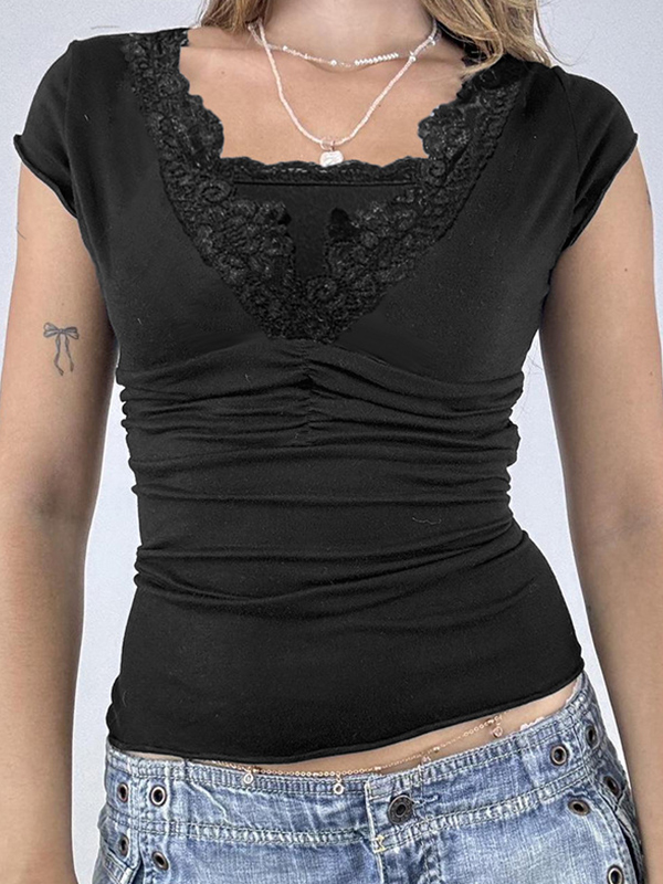 EMMIOL Manga corta con ribete de encaje y patchwork