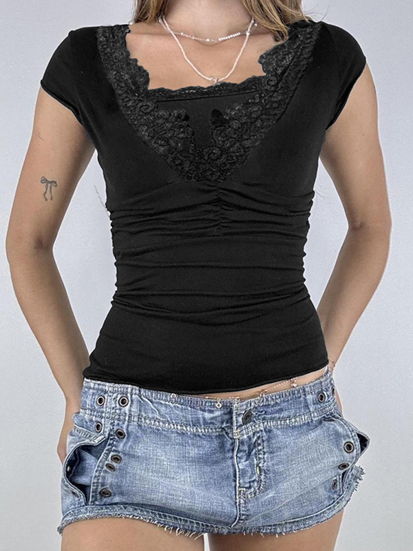 EMMIOL Manga corta con ribete de encaje y patchwork