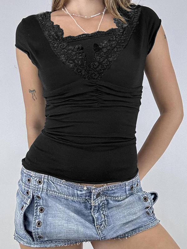 EMMIOL Manga corta con ribete de encaje y patchwork