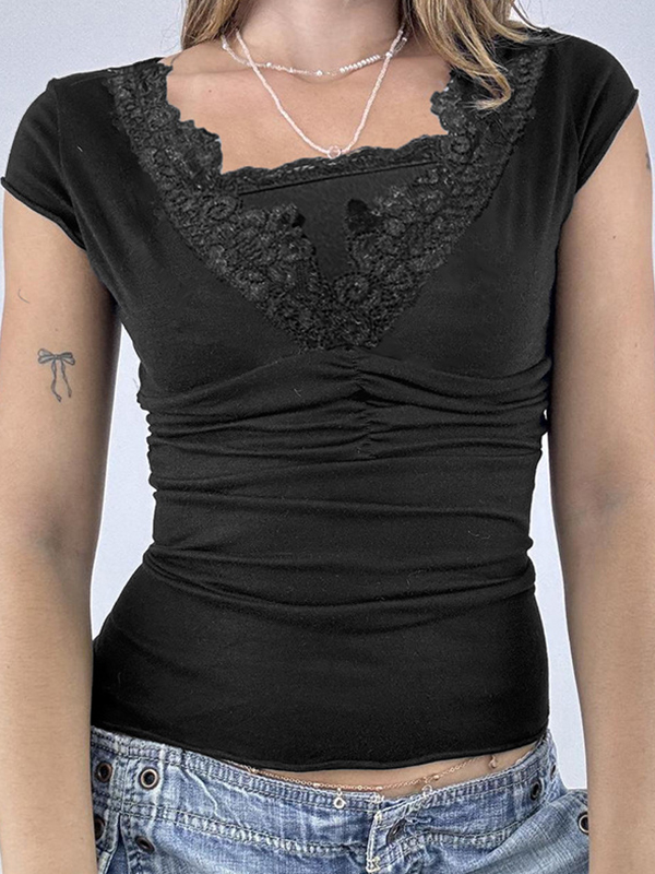 EMMIOL Manga corta con ribete de encaje y patchwork