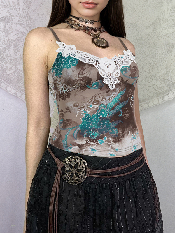 EMMIOL Top de tirantes de encaje estampado de inspiración retro